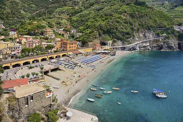 Italy, Liguria, Cinque Terre, Monterosso al Mare, Vista of the Old Town with sandy beach