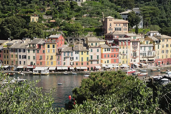 Italy, Liguria, Portofino, waterside view of colourful houses & bay