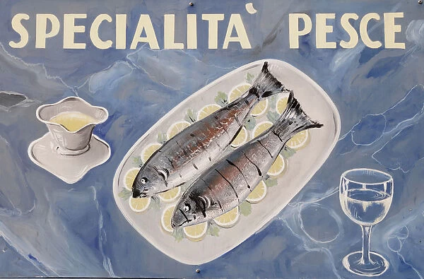 Italy, Lombardy, Lake Garda, fish restaurant sign