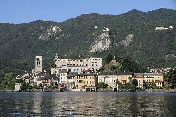 Italy, Lombardy, Lake Orta, Isola San Giulio with Madonna del Sasso behind