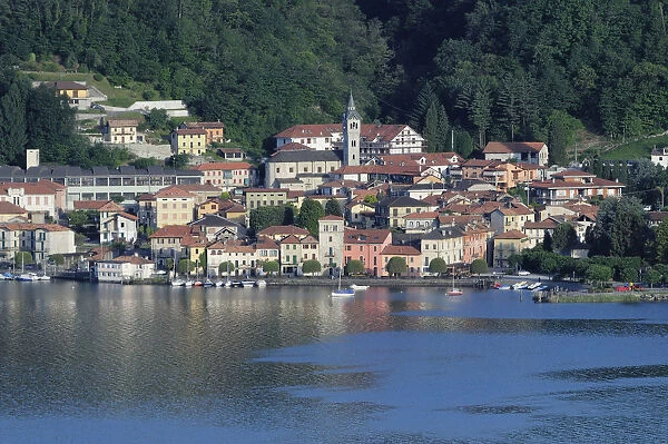 Italy, Lombardy, Lake Orta, looking across the lake to Pella