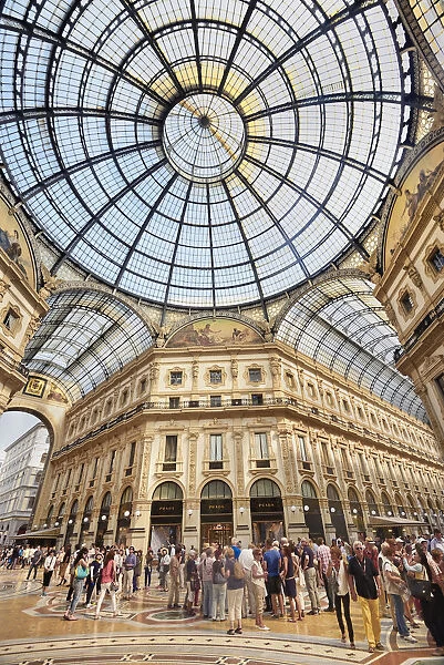 Italy, Lombardy, Milan. Galleria Vittorio Emanuele, View of the central area with the dome and tourists