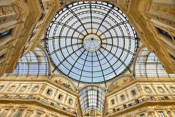 Italy, Lombardy, Milan. Galleria Vittorio Emanuele, Looking upwards towards the dome