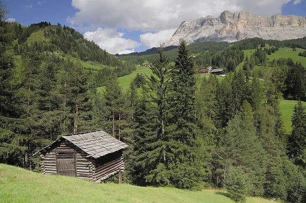 Italy, Trentino Alto Adige, Badia Valley view with wooden farm building, St Leonard
