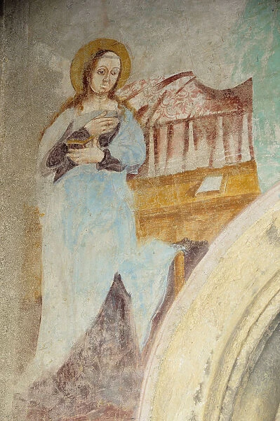 Italy, Trentino Alto Adige, Malles Venosta, wall painting on outside of St Benedict