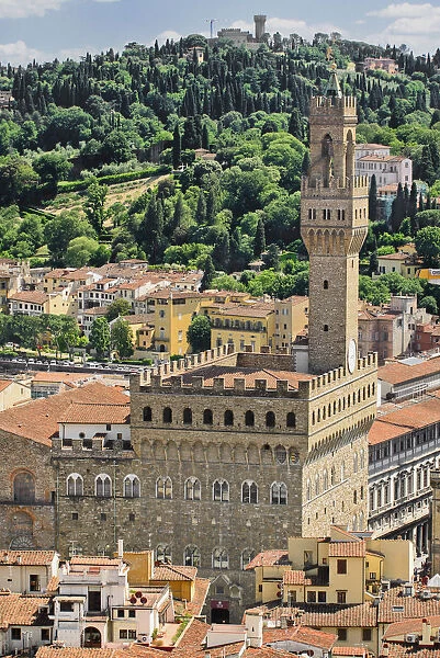 Italy, Tuscany, Florence, Piazza della Signoria, Palazzo Vecchio viewed from the Cathedral belltower