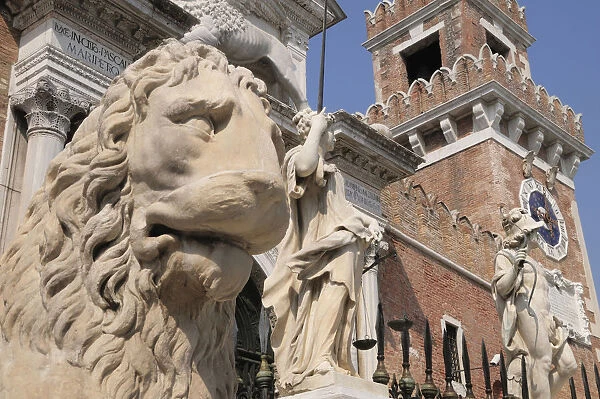 Italy, Veneto, Venice, Arsenale, stone lion & statues with Arsenale entrance