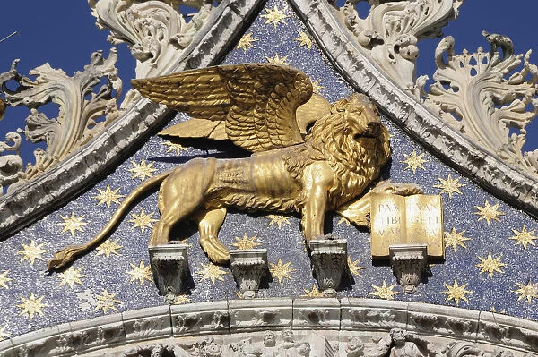 Italy, Veneto, Venice, Gold Lion of St Mark, Basilica San Marco facade
