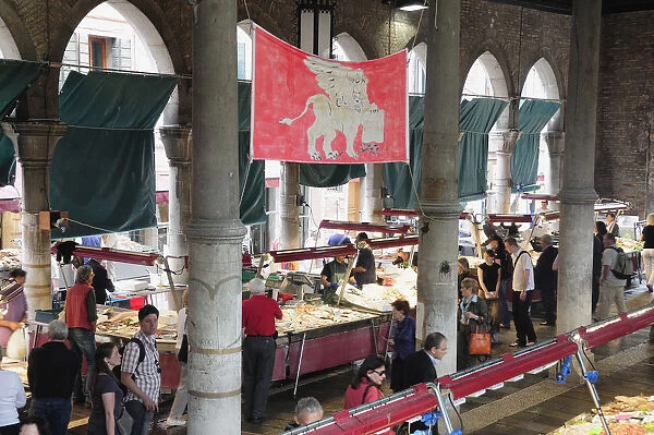 Italy, Veneto, Venice, Rialto fish market, stalls in covered market