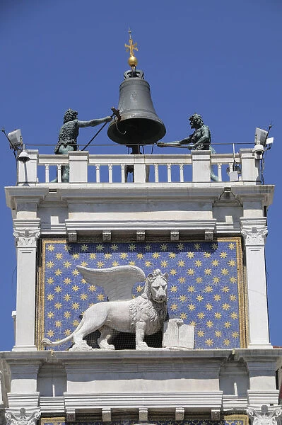 Italy, Veneto, Venice, St Marks lion statue, Torre dell Orologio, Piazza San Marco