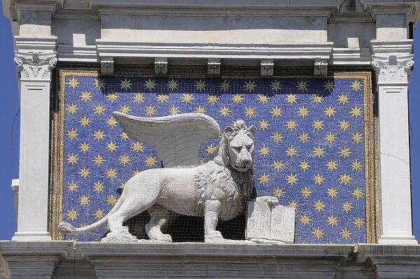 Italy, Veneto, Venice, St Marks lion statue, Torre dell Orologio, Piazza San Marco