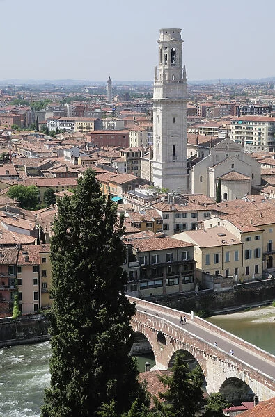 Italy, Veneto, Verona, city views from Teatro Romano of Ponte Pietra & Duomo