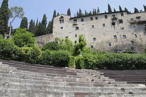 Italy, Veneto, Verona, theatre steps with Castle San Pietro backdrop, Teatro Romano