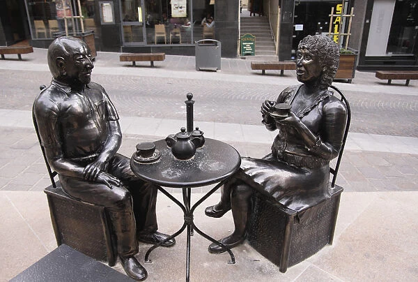 Malta, Sliema, Metal sculpture, old couple drinking tea