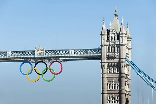 The Olympic rings suspended from the gantry of Londons Tower Bridge celebrate the London