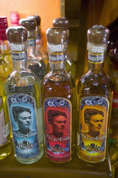 Playa del Carmen Avenida 5. Tequila bottles with Frida Kahlos picture on the labels