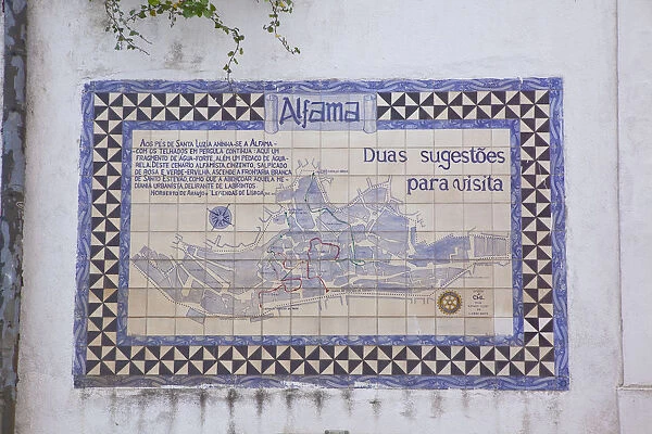 Portugal, Estredmadura, Lisbon, Alfama district, Miradouro das Portas do Sol, Traditional Hand Painted Azulejos Tile Mural Map Panel