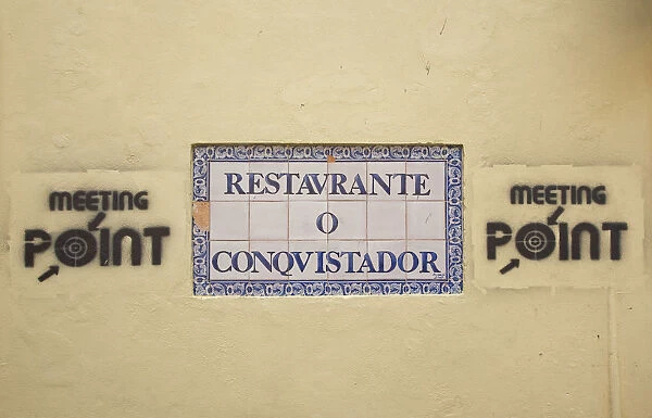 Portugal, Estredmadura, Lisbon, Bairro do Castello, Castelo de Sao Jorge, Traditional Hand Painted Azulejos Tile Mural Panel and Grafitti near St Georges castle