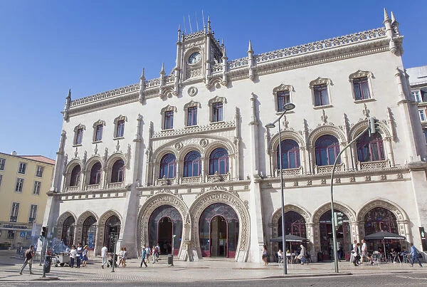 Portugal, Estredmadura, Lisbon, Baixa, Ornate entrance to Rossio railway station