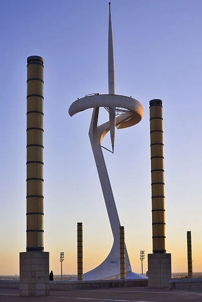 Spain, Catalunya, Barcelona, Montjuic, Torre Calatrava or Torre Telefonica at dusk