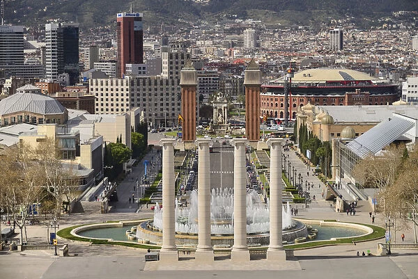 Spain, Catalunya, Barcelona, Placa d Espanya as seen from Montjuic Hill with the Venetian