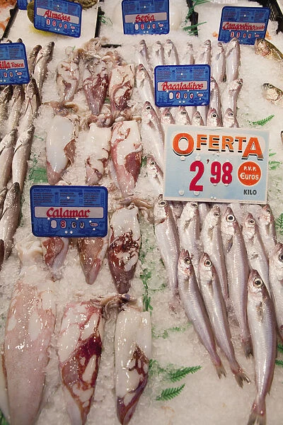Spain, Madrid, Display of fish on a stall in Mercado de Barcelo