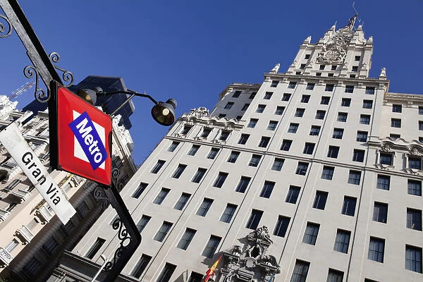 Spain, Madrid, Metro Sign outside Edificio Telefonica on Gran Via