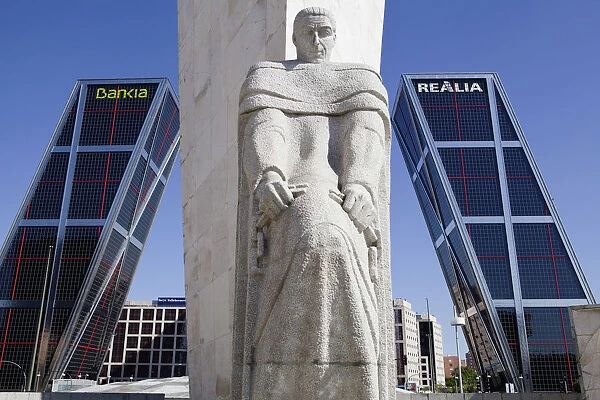 Spain, Madrid, Puerta de Europa with the monument to Calvo Sotelo in the foreground at