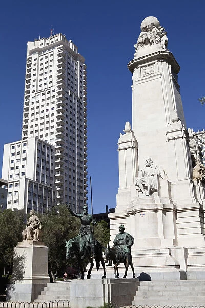 Spain, Madrid, Statues of Cervantes Don Quixote and Sancho Panza in the Plaza de Espana