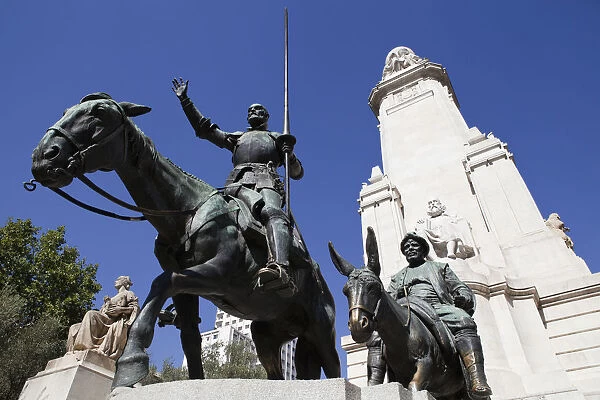 Spain, Madrid, Statues of Cervantes Don Quixote and Sancho Panza in the Plaza de Espana