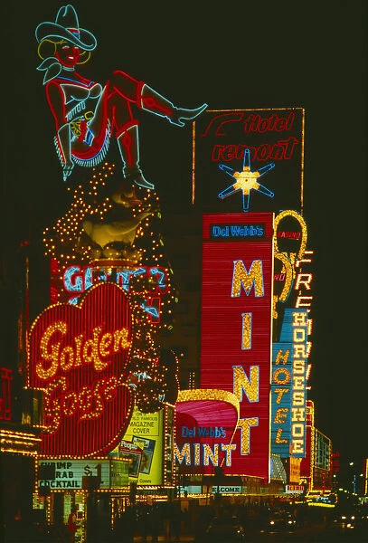 USA, Nevada, Las Vegas, Neon casino and hotel signs illuminated at night