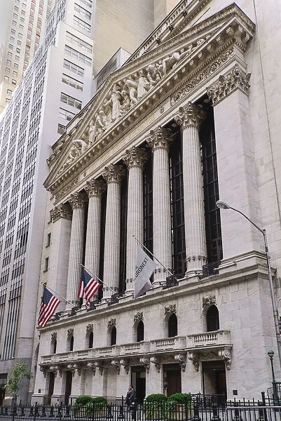 USA, New York, Manhattan, Wall Street Stock Exchange, the facade with American flags