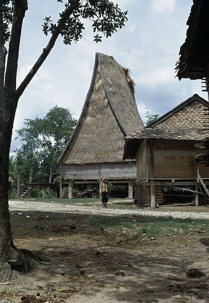 VIETNAM, Kontum Montagnard village. Woman walking along path near huts built on stilts