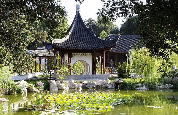 View across lake to Terrace of the Jade Mirror Chinese Garden The Huntington Pasadena