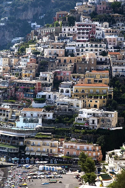 Vista of Positano on its steep slope down to the sea and Marina Grande beach