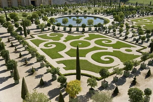 Orangery garden area and ornamental pond, Palace of Versailles, Versailles, France, september
