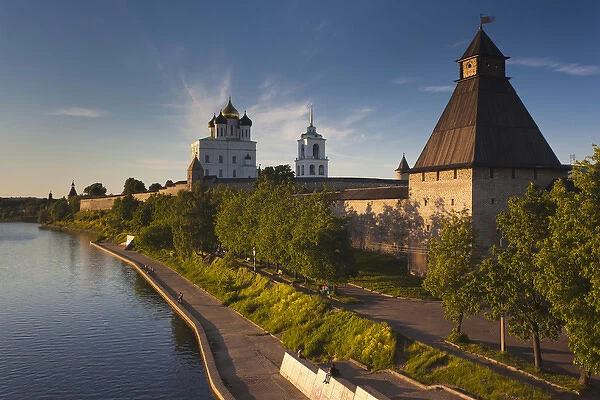 Russia, Pskovskaya Oblast, Pskov, elevated view of Pskov Kremlin from the Velikaya River