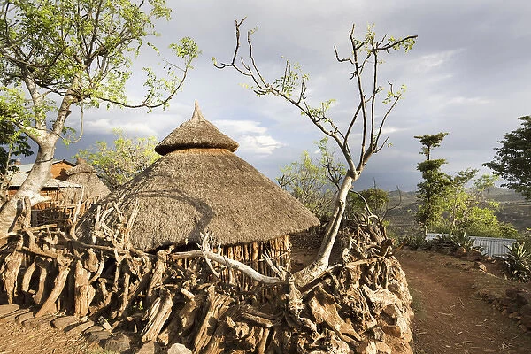 Traditional Konso village on a mountain ridge overlooking the rift valley