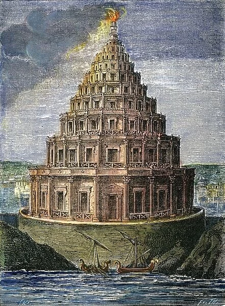 ALEXANDRIA LIGHTHOUSE. The lighthouse Pharos in Egypt, built by Sostratus of Cnidus (reconstruction). Colored engraving, 19th century (a reconstruction)