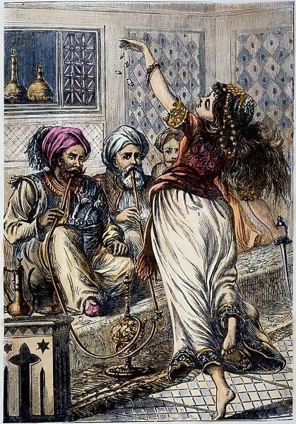 ALI BABA AND 40 THIEVES. Morgiana performs the dagger dance before the 40 thieves: wood engraving, 19th century, for the tale of Ali Baba from Arabian Nights