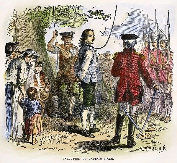 American Revolutionary hero. The hanging of Nathan Hale as a spy by the British in New York City, 22 September 1776. Wood engraving, 19th century, after Felix O. C. Darley