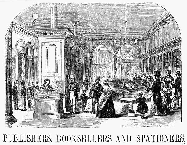 BOOKSTORE, 19TH CENTURY. Publishers, Booksellers and Stationers. Wood engraving, American, mid-19th century