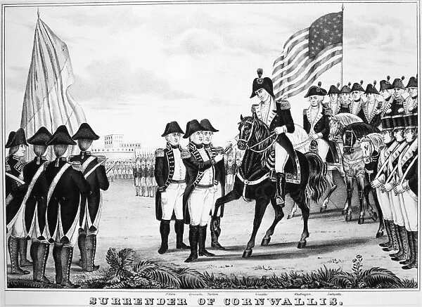 British General Charles Cornwallis surrendering to General George Washington at Yorktown, Virginia, ending fighting during the American Revolution. Lithograph, 1846, by Nathaniel Currier