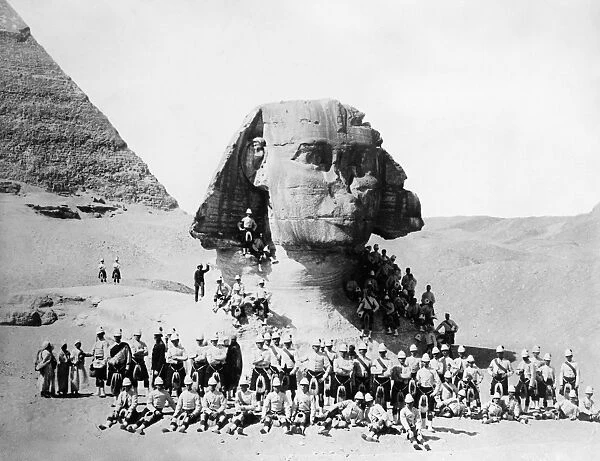 EGYPT: GREAT SPHINX, 1882. British soldiers posing at the Great Sphinx at Giza, 1882, during the English occupation of Egypt. Much of the Sphinx was covered by desert sand at the time
