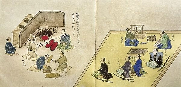 Gold ingots being reduced for marking. Japanese scroll painting, c1800