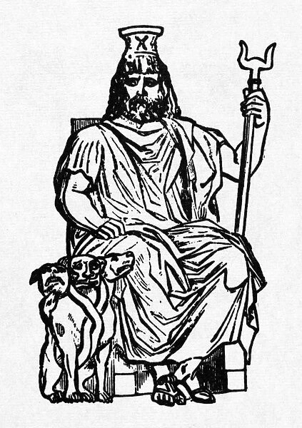 HADES. Hades (Pluto), Greek god of the underworld, guarded by Cerberus, his three-headed serpent-tailed dog. Line engraving