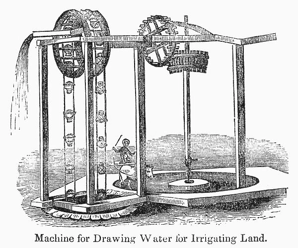 INDIA: IRRIGATION, c1840s. A sakia, or machine used in India for drawing water to irrigate a field. Wood engraving, English, c180s