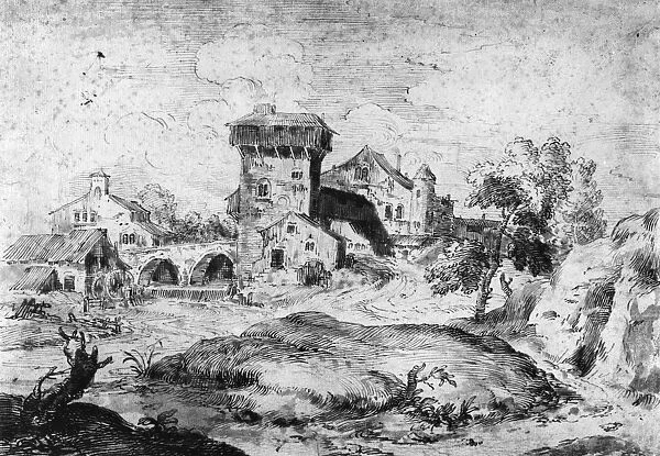 ITALY: MILL, 18th century. A mill in an Italian village and landscape. Drawing by Marco Ricci