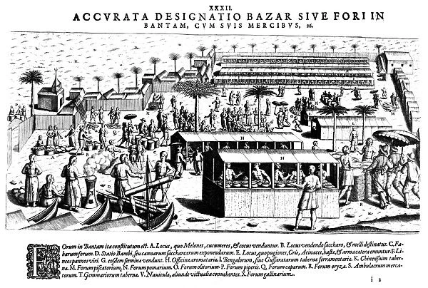 JAVA: BANTAM MARKET, c1607. Marketplace with Indian and Portuguese traders at Bantam, Java, Indonesia. Copper engraving by Theodore de Bry, c1607