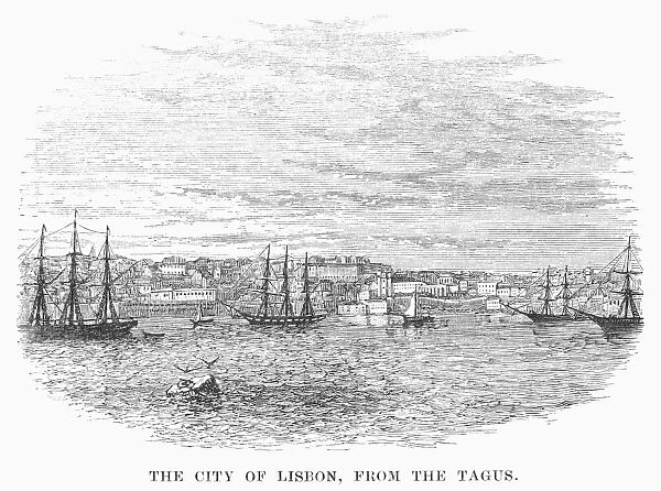LISBON, c1880. The city of Lisbon, Portugal, seen from the Tagus River. Wood engraving, English, c1875-1880
